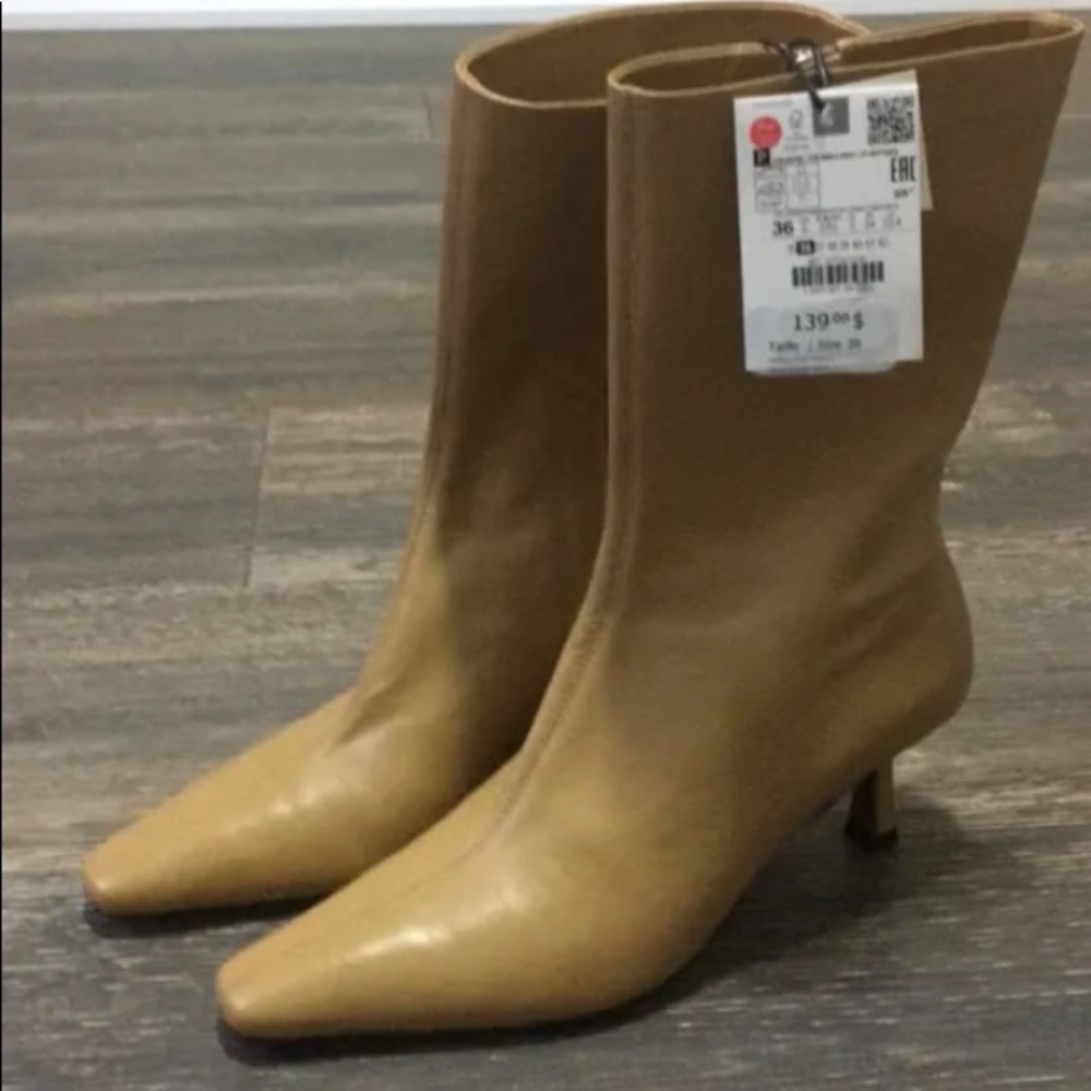Zara 2026 style Tan genuine Leather Pointed-Toe Mid-Heel 2´´Ankle Boots